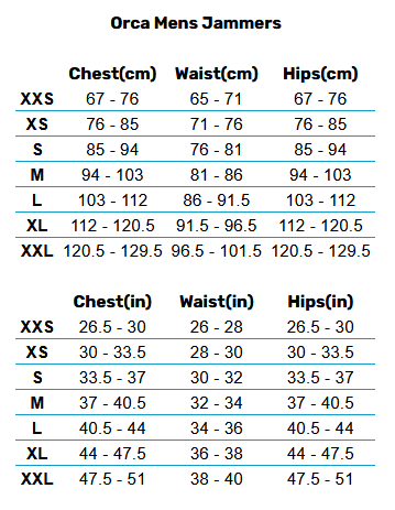 2025 Orca Mens Jammers 0 Size Chart